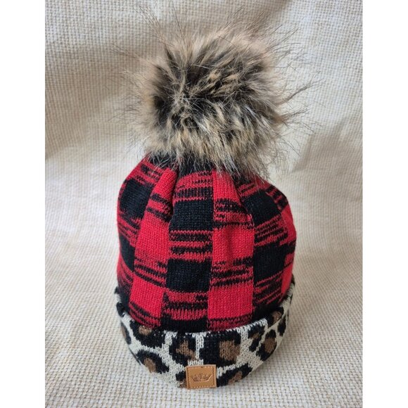 Panache Ladies Beanie One Size Animal Print Faux Fur Pom Red Buffalo Plaid Knit - Picture 4 of 9